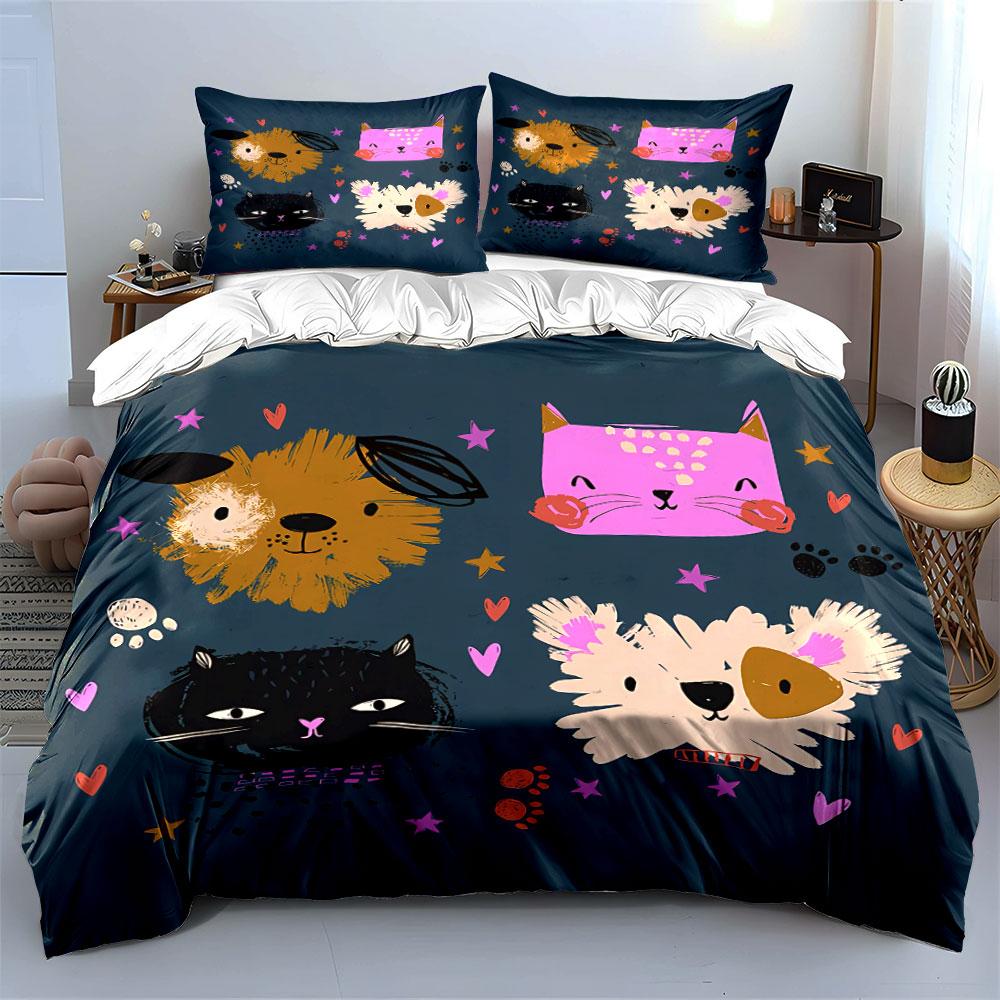 Cute Animal Faces Pattern Set Bedding Duvet Cover Set Duvet Cover Pillowcases (1*Duvet Cover 2*Pillowcases, Without Duvet Insert)