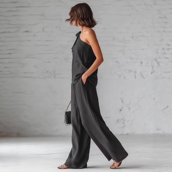 2-teilige Outfits für Damen Sommer One-Shoulder Ärmelloses Oberteil und Weitbeinige Hose Passendes Lounge-Set mit Taschen