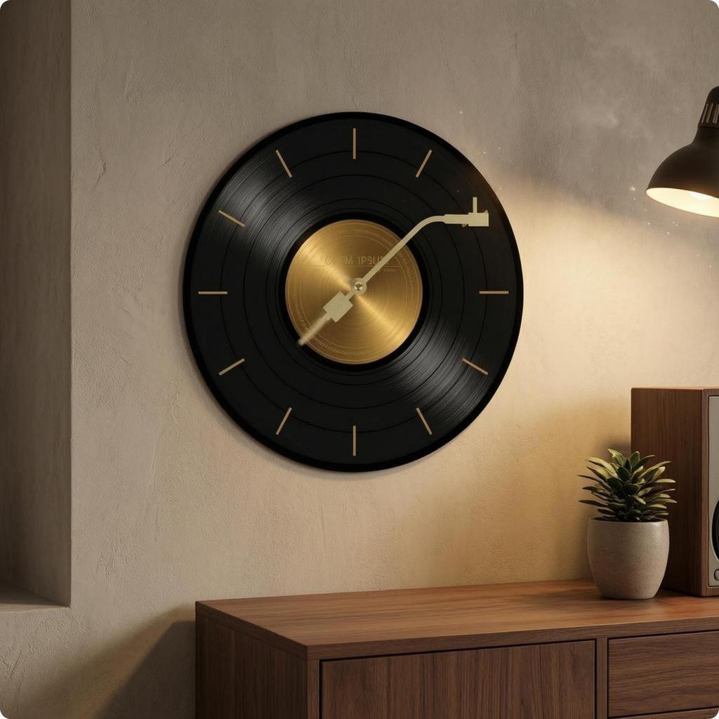 Vinyl Records Wall Clock Silent Analog Movement Music Themed Sweeping Round Shape