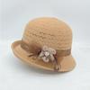 WTEMPO Women's Knitted Hollow Out Sun Hat Elegant Flower Decor Straw Bucket Hat, Breathable Casual Cap with Pearl Detail