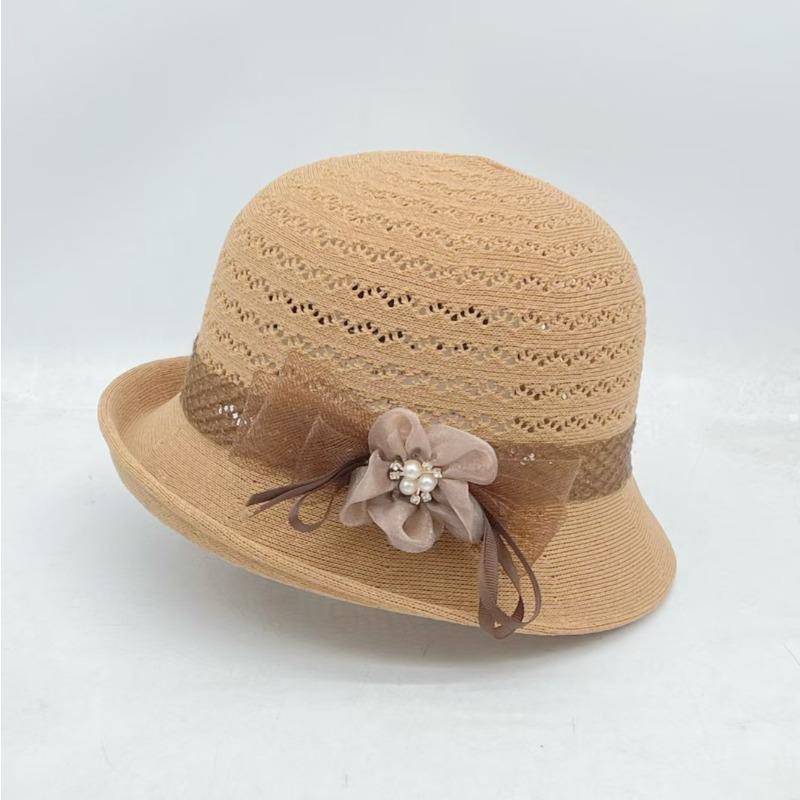 WTEMPO Women's Knitted Hollow Out Sun Hat Elegant Flower Decor Straw Bucket Hat, Breathable Casual Cap with Pearl Detail