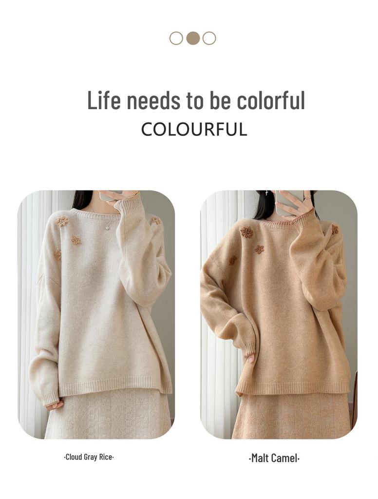 Color Block Embroidered Pure Wool Round Neck Knitwear - Women's Loose Fit Long Sleeve Sweater for Autumn and Winter