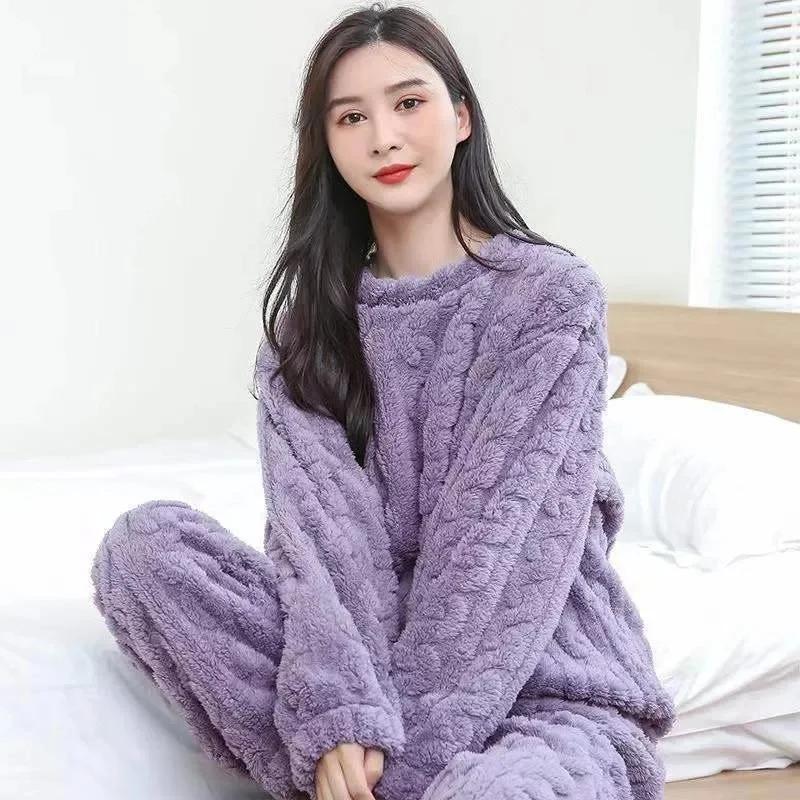 Winter Thickened Coral Fleece Women's Sleepwear Cute Plush Home Clothes Loose Long Open Cardigan Set Comfortable Pyjamas