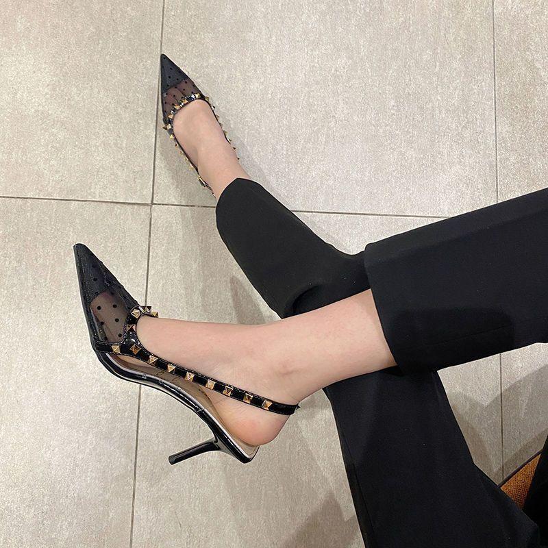 Sandals polka dot high heels with willow nails 2025 spring new mesh bag head thin heel empty women's sandals