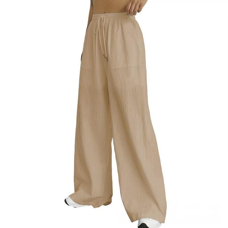 European & American Women's Micro-Flare Drawstring Pants with Pockets, Casual Solid Color