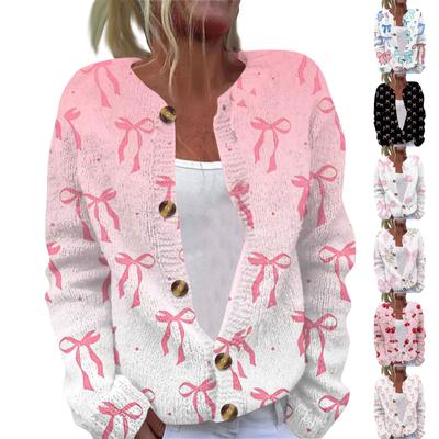 Women's Fashion Bow Print Long Sleeve Knitted Cardigan Button Down Jacket