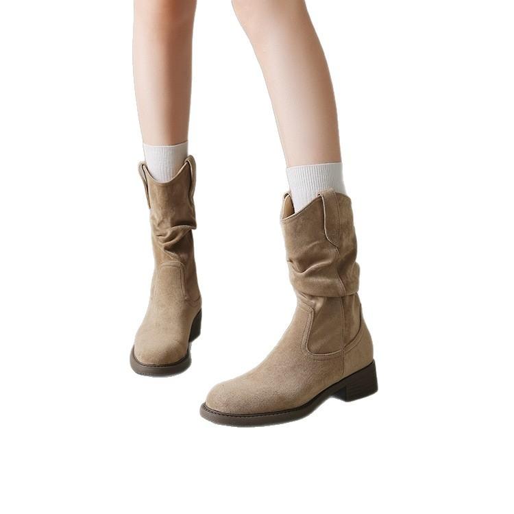 Pile Boots Retro Suede Apricot Short Boots Western Boots Pleated Women's Boots Spring and Summer Thick Heel Versatile Knight Boots