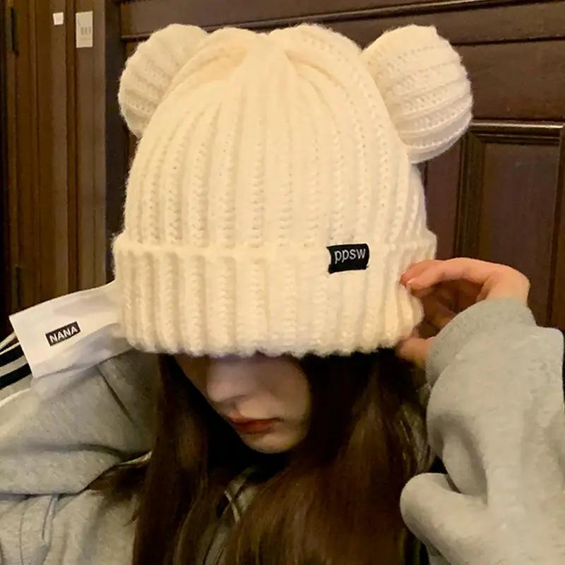 Bear Ears Grube Czapki Damskie Miękkie Harajuku Pluszowe Uszy Ochrona Głowy Urocze Dzianinowe Koreańskie Wełniane Czapki Fajne Dziewczyny Ręcznie Robione Beanie