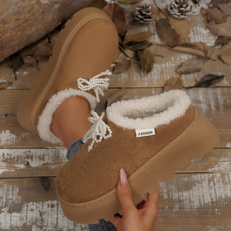 Fashion Pearls Decor Thick Sole Plush Slippers Women Outdoor Warm Winter Cotton Shoes Woman Plus Size 36-43 Non Slip Snow Boots