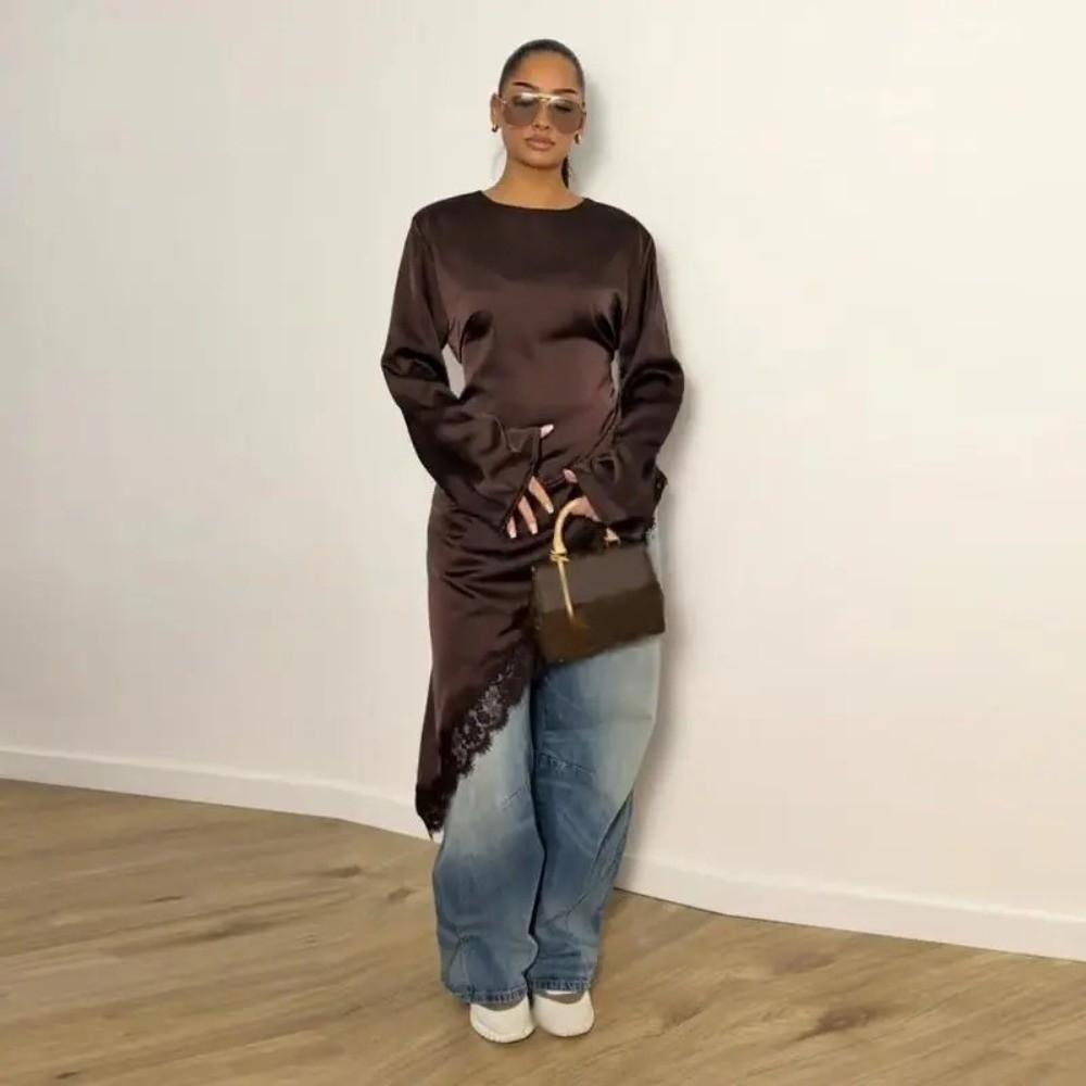 Long Sleeve Drooping Style Blouse Lace Lower Hemline Long Shirt Irregular Dress Commute Outing