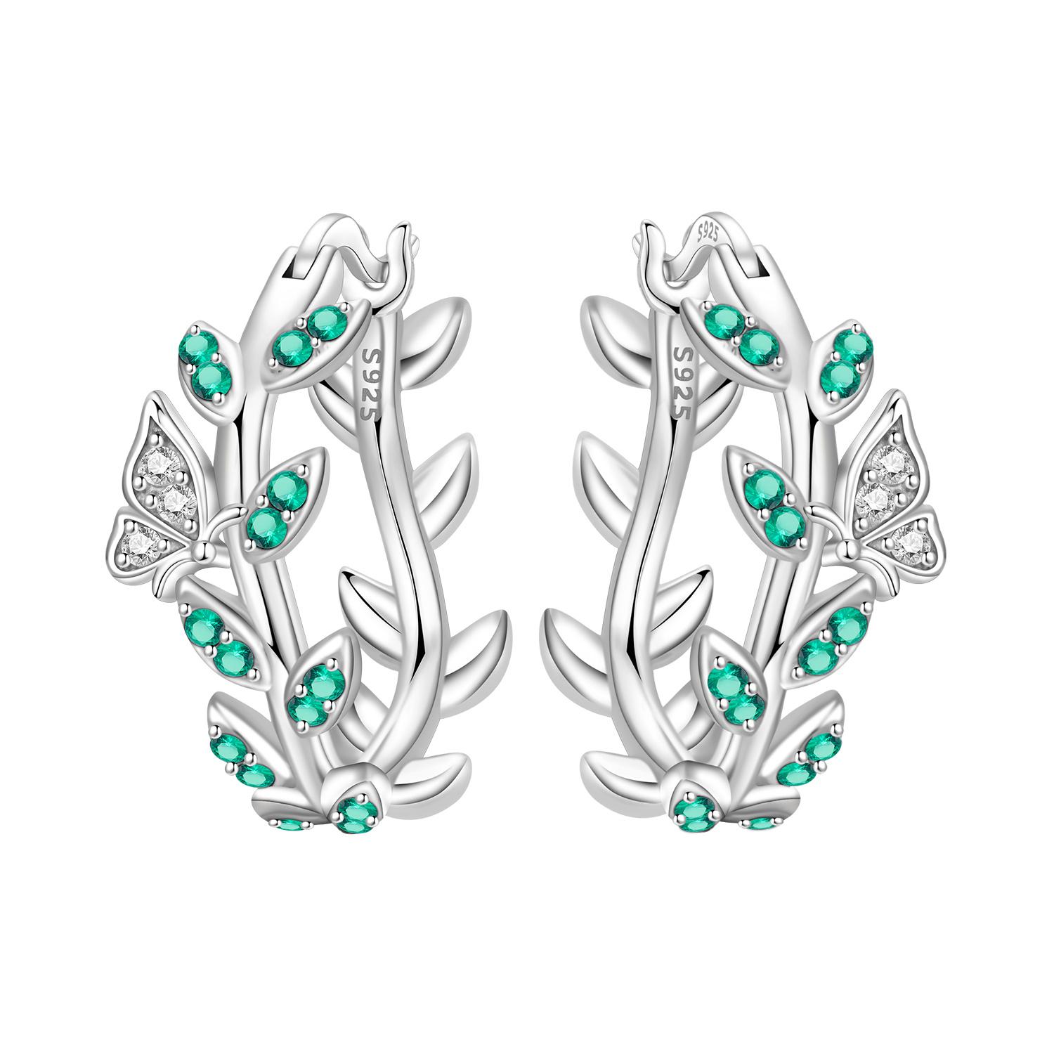 S925 Sterling Silver Butterfly Leaf Green Zircon Earrings Hoop Earrings Women Jewelry Original Trendy Anniversary Gifts