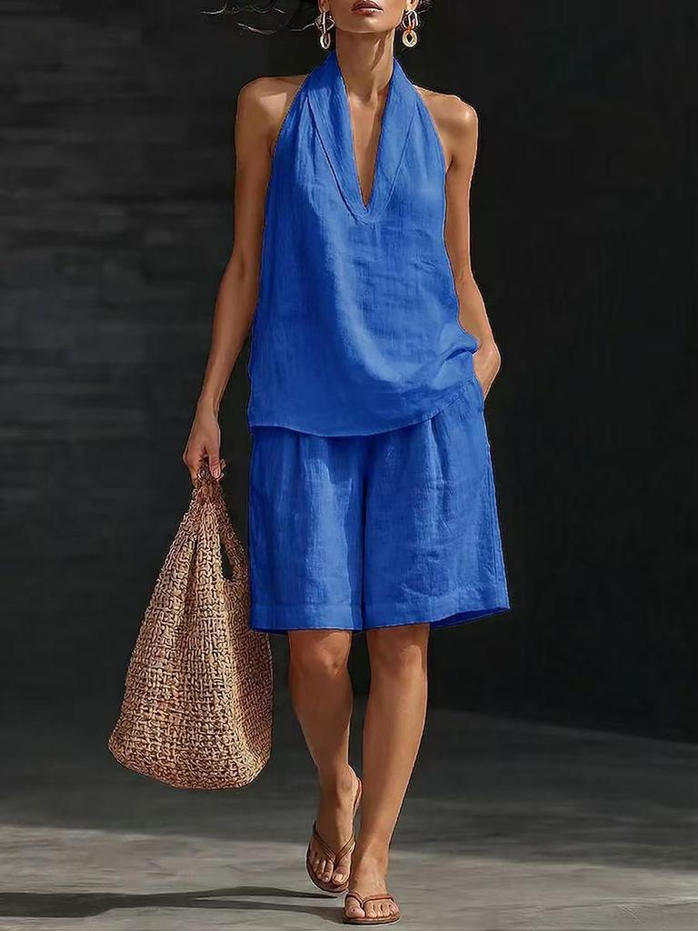 2026 Women's Halter V-Neck Sleeveless Casual Shorts Set