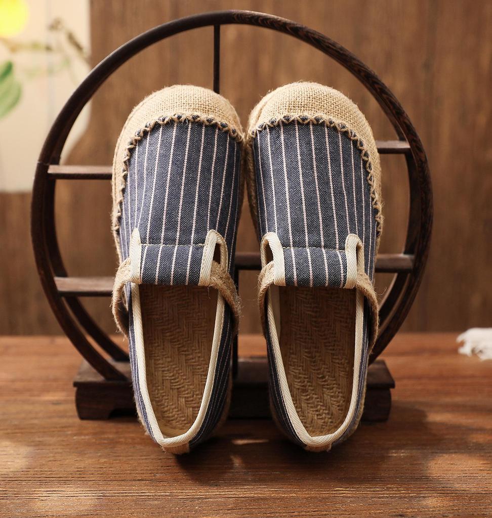 2025 Women’s Trendy Slip-On Shoes: Spring & Fall Vertical Stripe Cotton-Linen, College Style, Round Toe Hemp Design