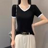 Women's V-Neck Color Block Short Sleeve T-Shirt, 2025 Spring/Summer, Slim Fit, Straight Shoulder, Low Neckline, Trendy Niche Design