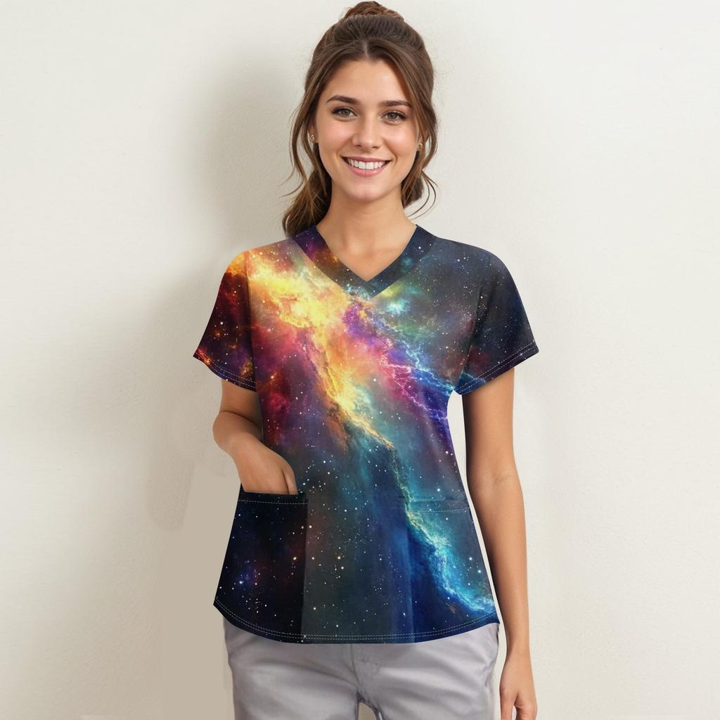 Modische Arbeitskleidung für Damen mit V-Ausschnitt, kurzen Ärmeln und bedruckten Taschen