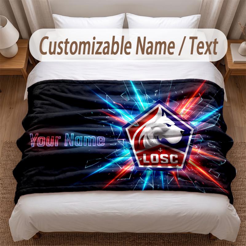 LOSC Lille FC Printed Flannel Blanket Custom Name Text Soft Warm Throw For Bedroom Holiday Gift