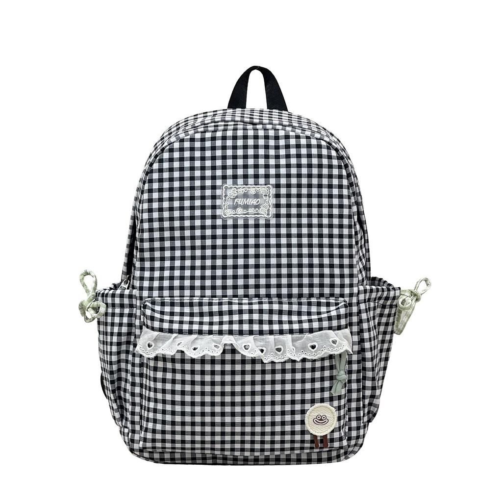 Schoolbag high-value plaid schoolbag women's new lace girl heart backpack Japanese sweet student travel backpack