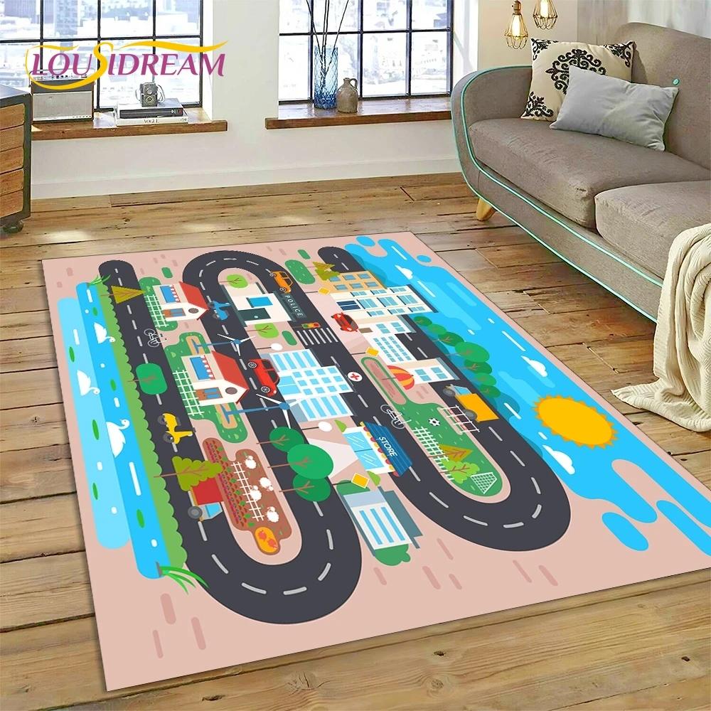 3D Highway Runway Playroom City Traffic Road Map Child PlayMat Rug Carpet for Living Room Bedroom Home Decor,Non-slip for Sofa