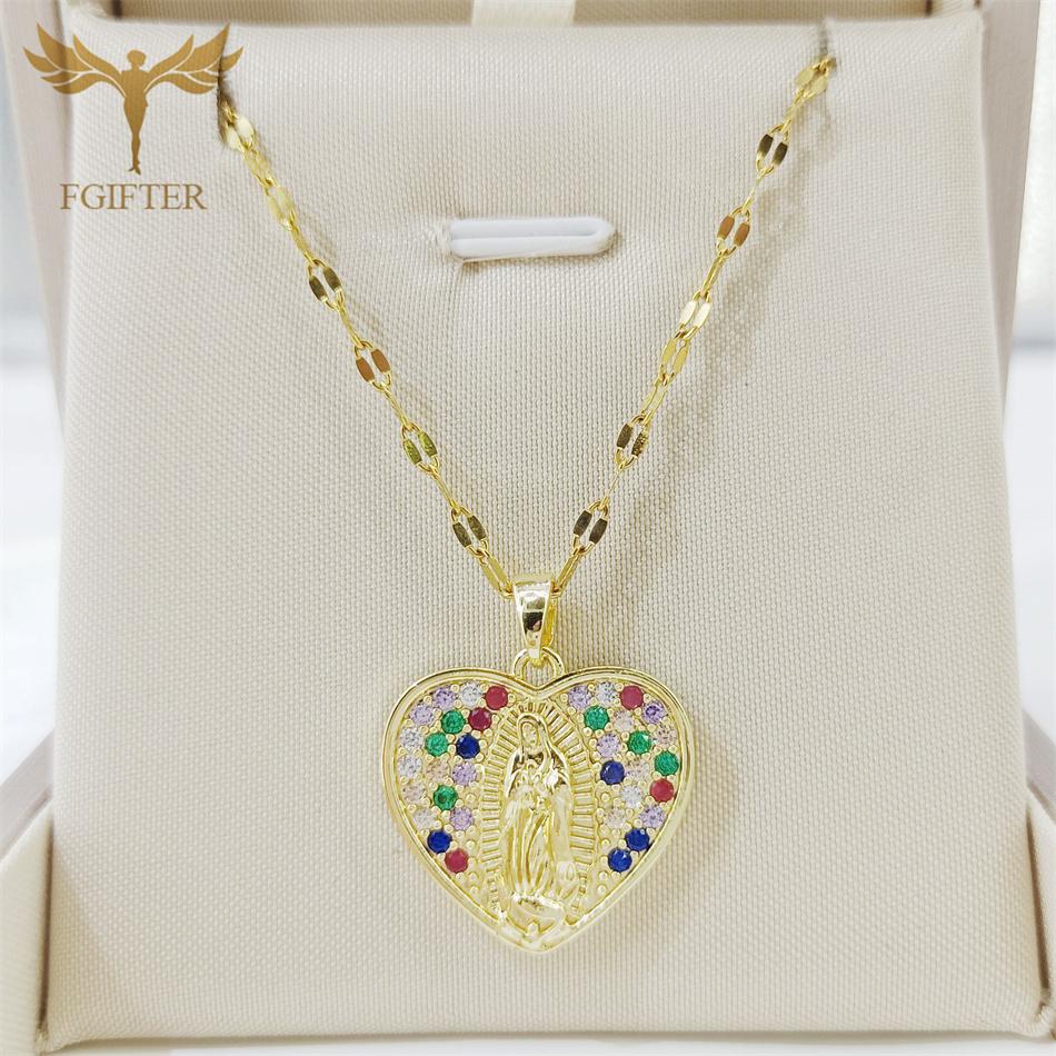 

Цепочки из нержавеющей стали, красочные циркониевые, с подвесками в виде любви и Девы Марии, медные ожерелья для женщин и мужчин, шармы, аксессуары, религиозный циркон 45cm