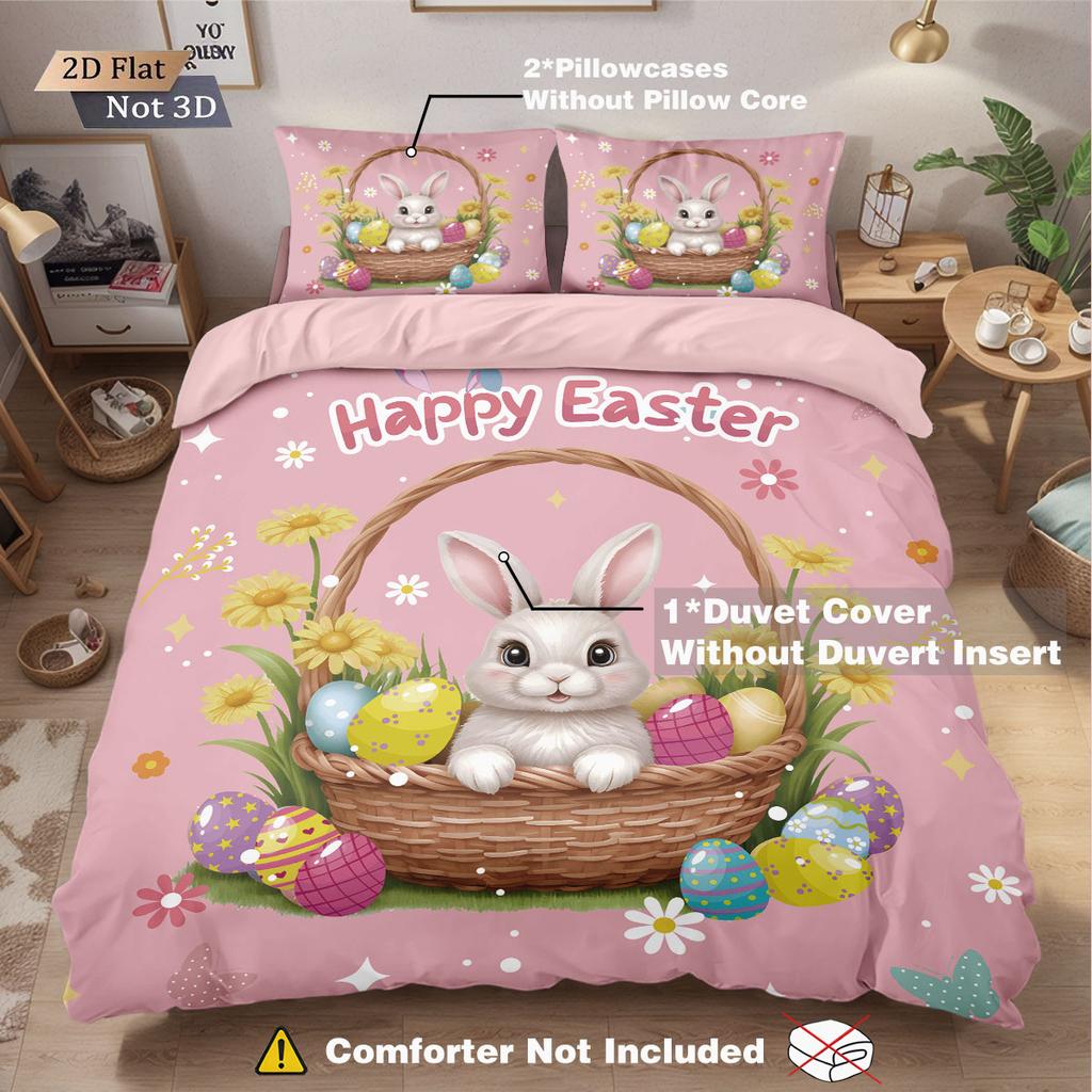 3-pcs Easter Bunny Print Duvet Cover Set, Multi Size Bedding Decoration, Soft and Machine Washable