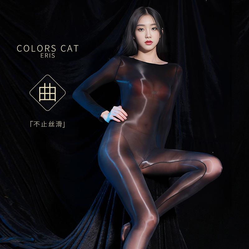 Sexy Glossy One-Piece Stockings Transparent Ultra-Thin with Penis Sleeve Erotic Silky Temptation Open-Crotch Full-Body Suit for