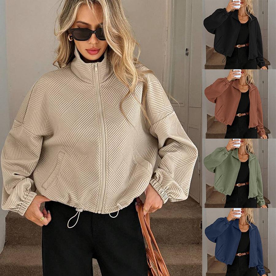 Fall Winter High Neck Zipper Drawstring Pocket Women Loose Baseball Jacket Coat