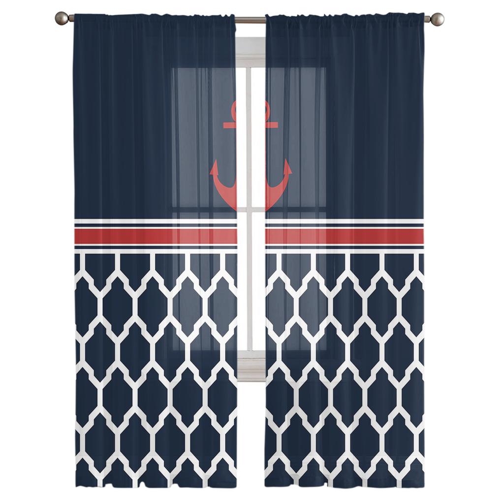 Navy Striped Anchor Sheer Curtains For Living Room Bedroom Kids Room Tulle Window Treatment Drapes