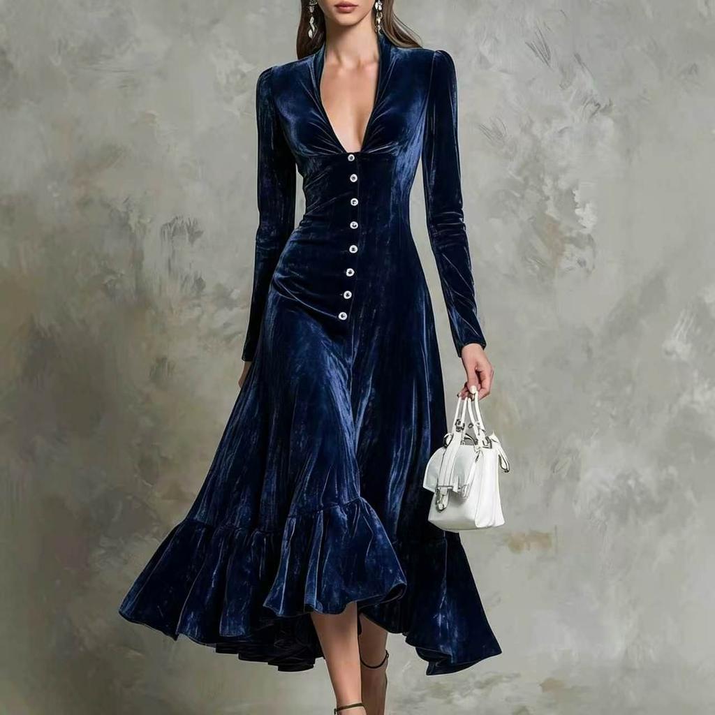 Abito Lungo da Donna in Velluto Colorato Vintage con Maniche Lunghe, Scollo a V, Vita Bottone e Fondo Arricciato