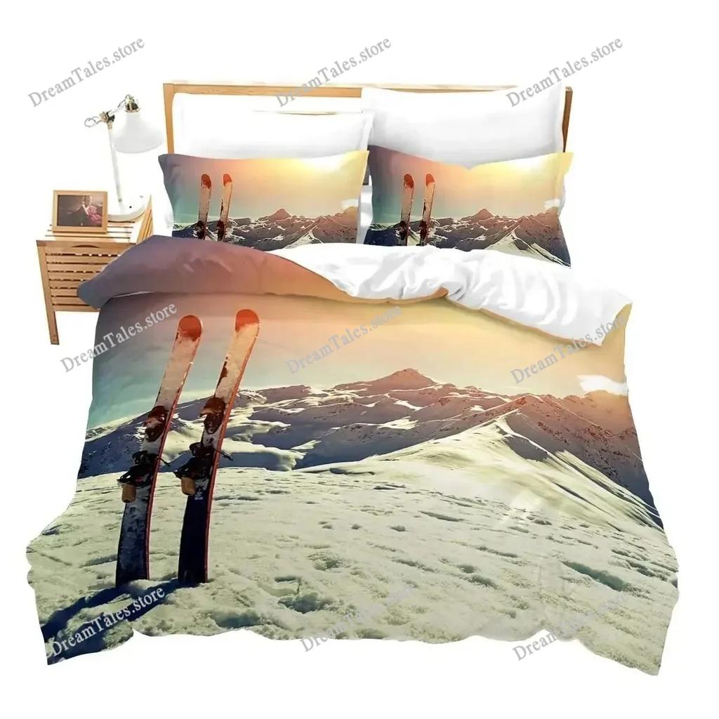 Ski Sports Duvet Cover Set Full Size Winter Sports Skiing Bedding Sets Snow Mountain Landscape Comforter Cover for Boys Girls369