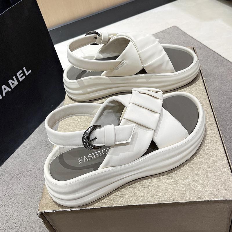 2024 Summer New Thick-soled Wrinkled Roman Shoes Fashion Versatile Open-toed Women Sandals Internet Celebrity Beach Shoes Tide