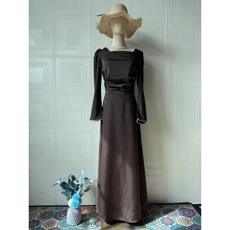 

Fashion Style Fashion Square Collar Flare Sleeve Tie-Neck Waist-Tight Dress Square Collar Lace up Dres Coffee S