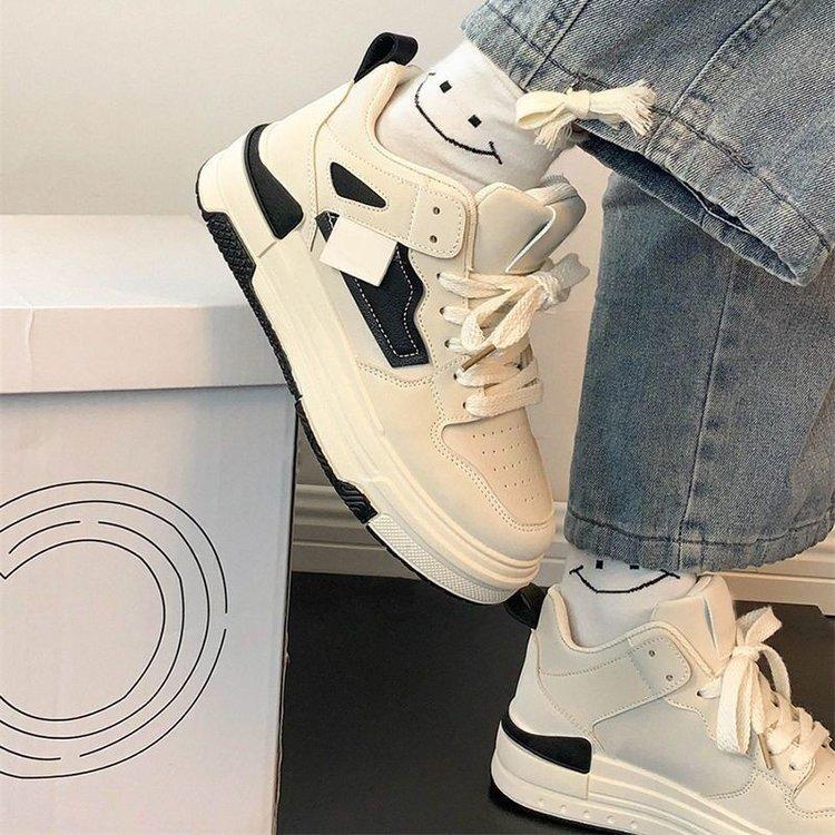 Mid-Top Sneakers Women's  Winter New Muffin Soft Bottom Sneakers Women's Color Matching Lace-up Casual White Shoes for Women