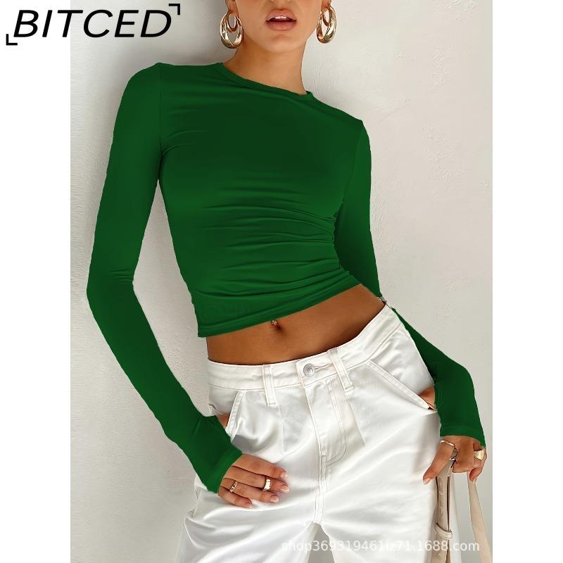 BITCED Women's Spring/Autumn T-Shirt Solid-Colour O-Neck Base Layer Slim-Fit Long-Sleeved Top