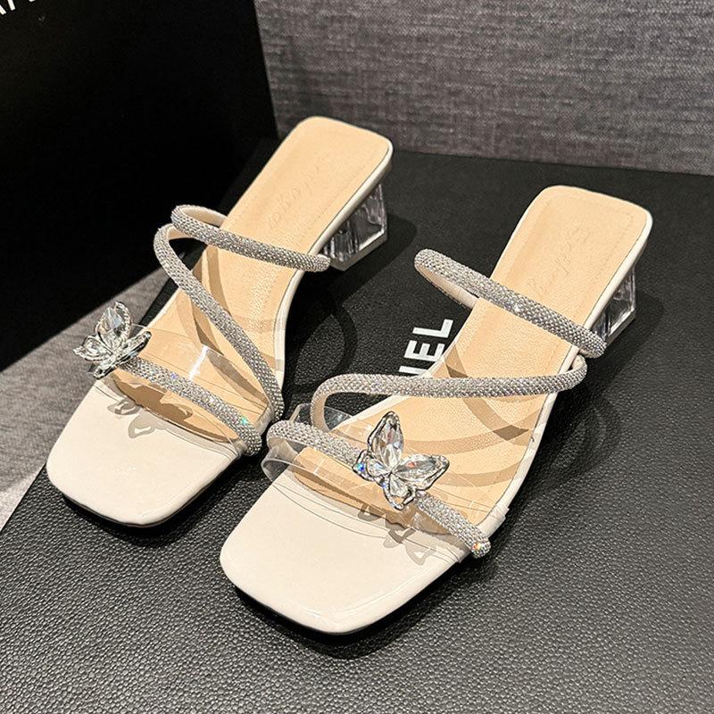 Thick-heeled slippers women's summer wear 2025 new fashion bow rhinestones with skirts women's beautiful sandals