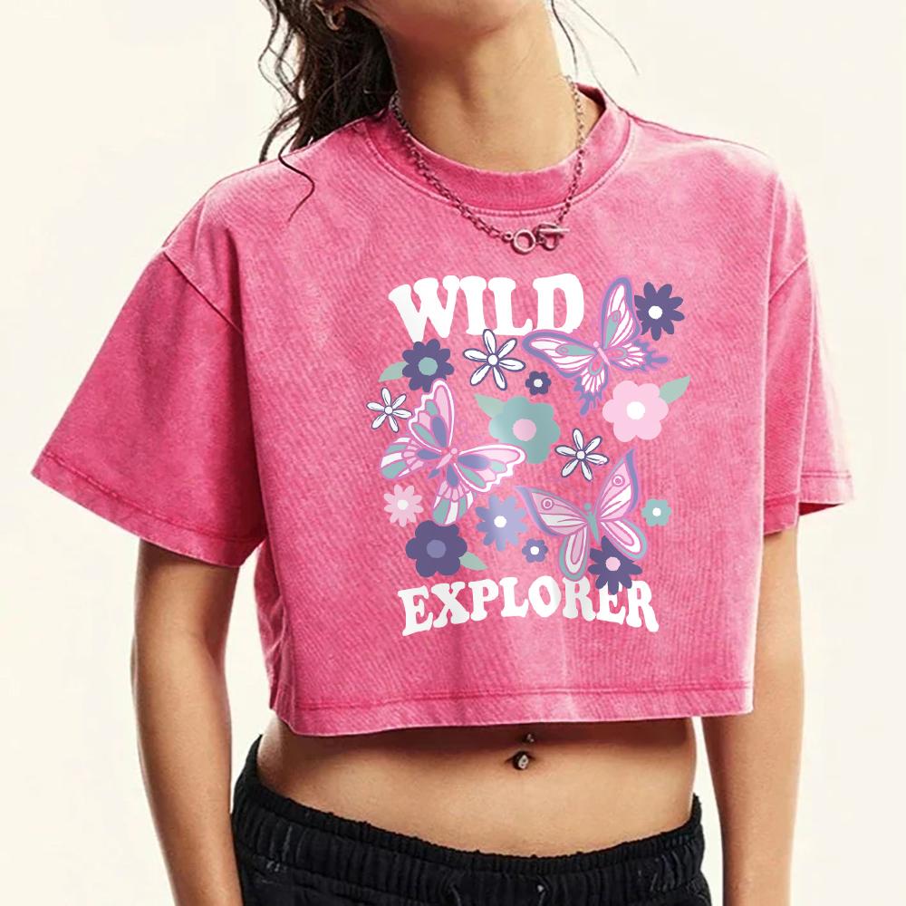 Wild Explorer Flowers Butterfly Prints Women Washed Tee Tops Sport Cotton T-Shirts Short Sleeve Crewneck Crop T Shirt