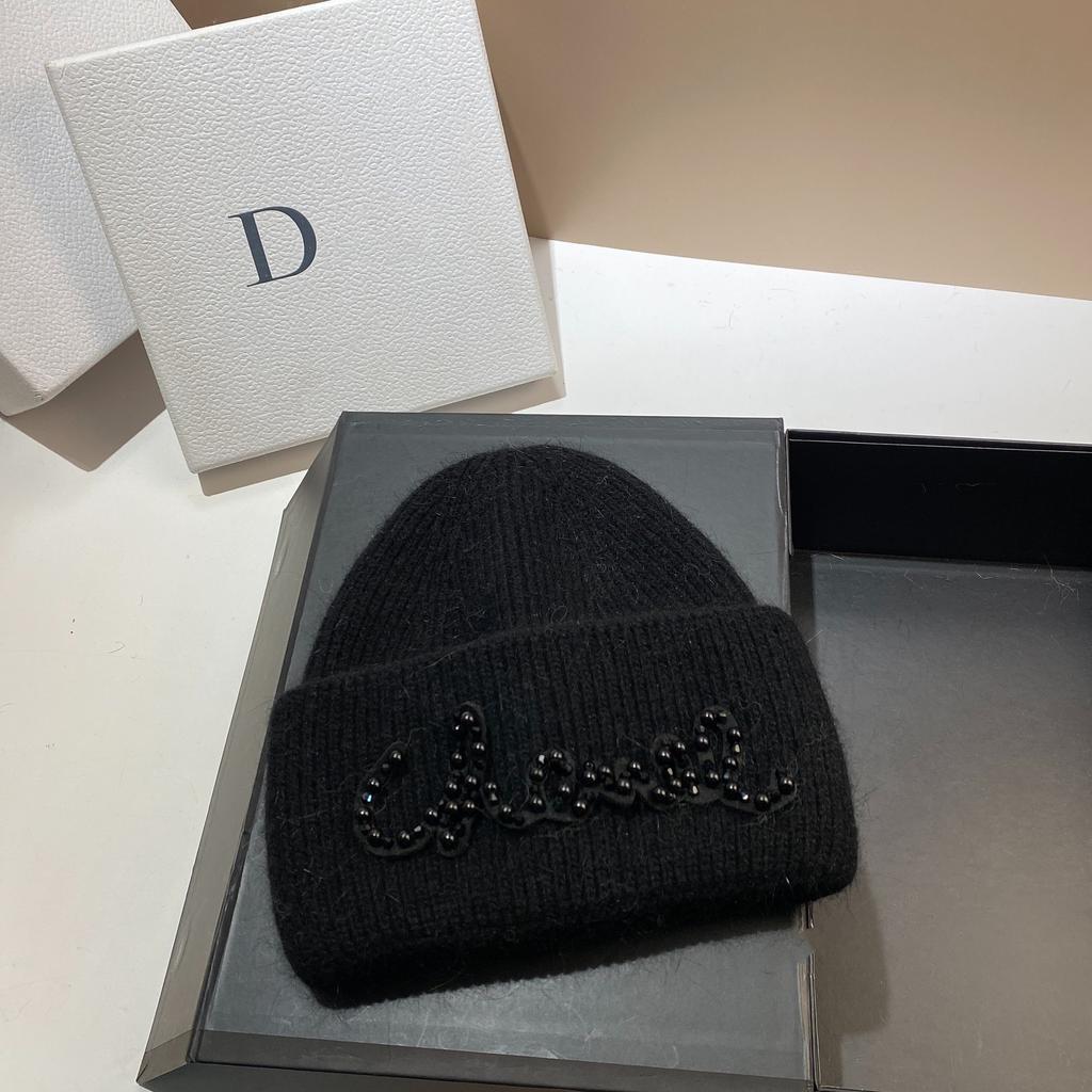 Pearl Hat Rabbit Hair Warm Knit Hat Women's Fashionable Winter Cold Hat Increase And Lengthen Double Folded Edges Hat