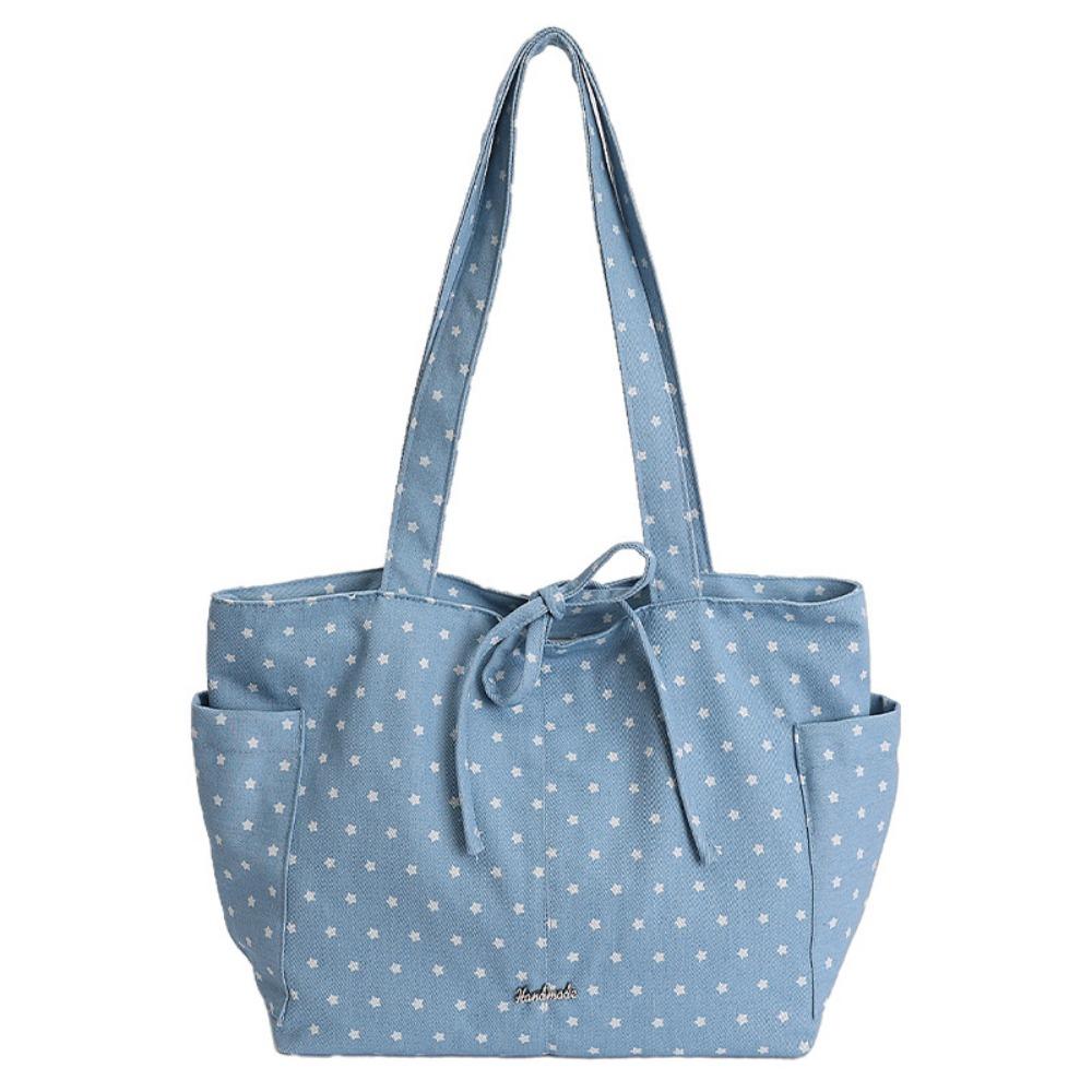 Retro Korean Style Polka Dot Shoulder Bag Large Capacity Canvas Bow Tote Bag Star Element Casual Women Handbag Daily Use