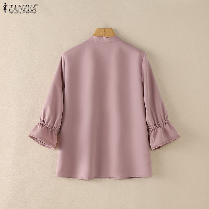ZANZEA Womens Round Neck Casual 3/4 Sleeve Lace Patchwork Blouse