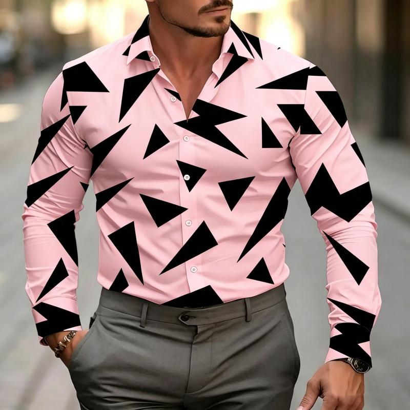 Men's Geometric Triangle Print Dress Shirt Long Sleeve Button Down Casual Slim Fit Business Party Tops For Men