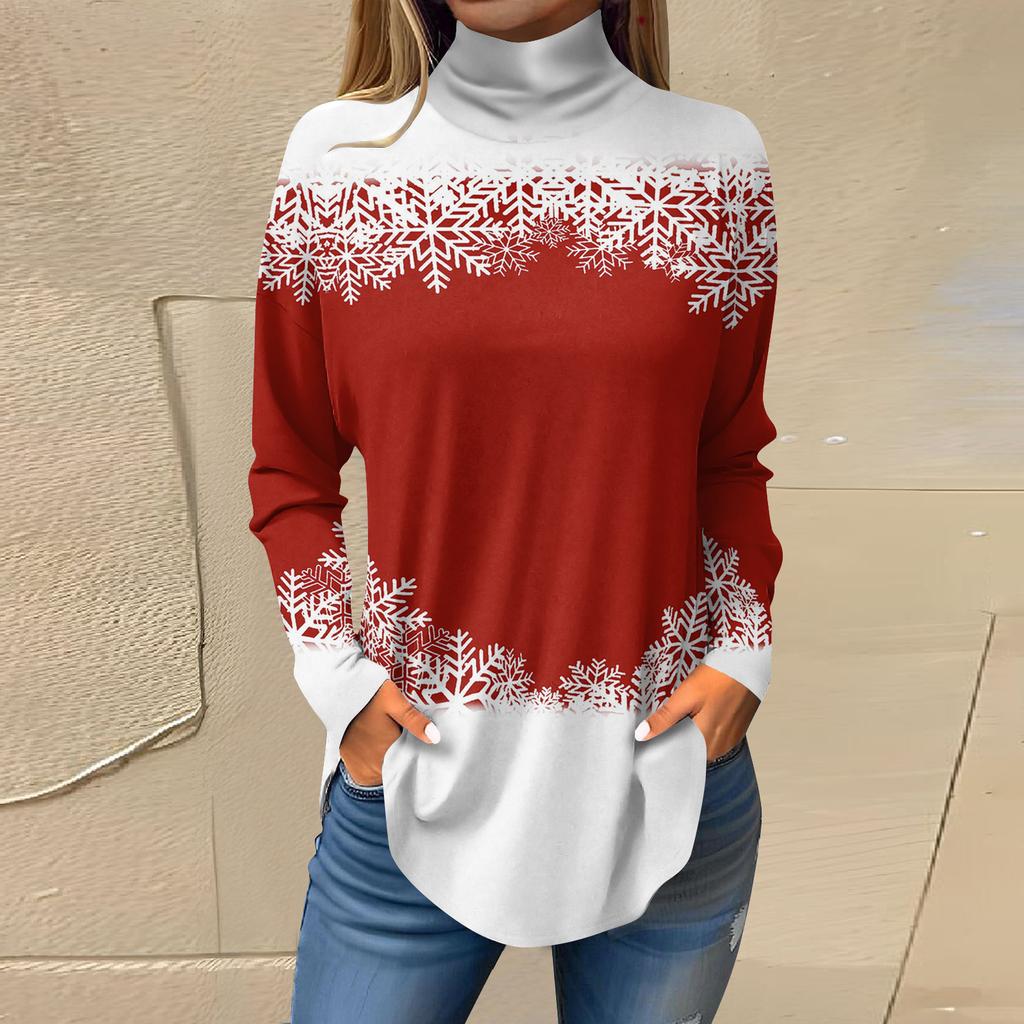 Women Fall Casual Long Sleeve Shirts Sweatshirt Vintage Printed High Neck Top Pullover