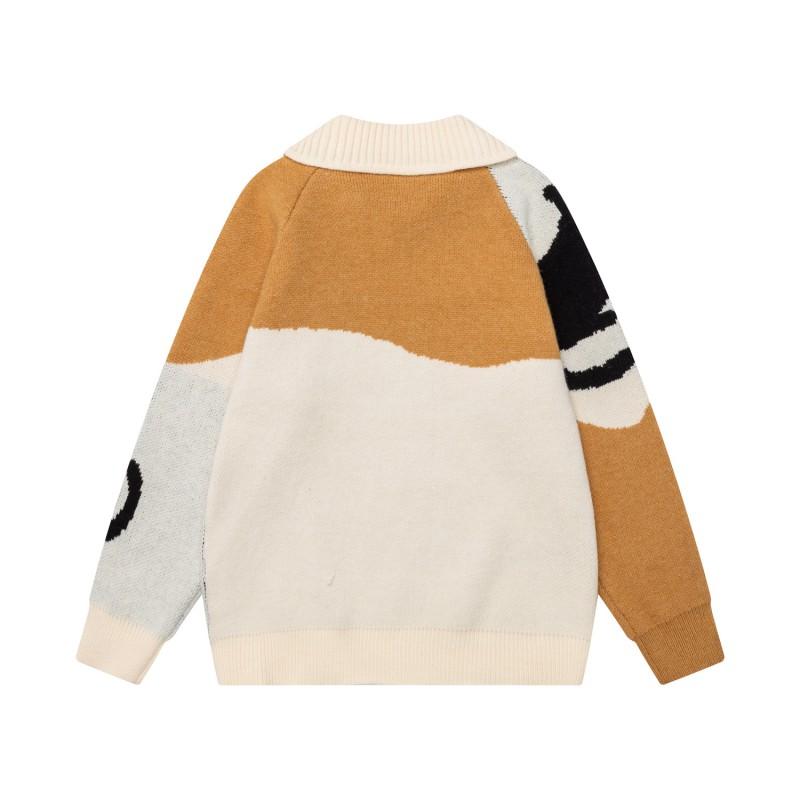 Unisex Oversize Luźny Sweter Akrylowy z Dzianiny z Kołnierzykiem Retro Styl Amerykański Colorblock Nadruk Kota Jesień Ubranie Codzienne