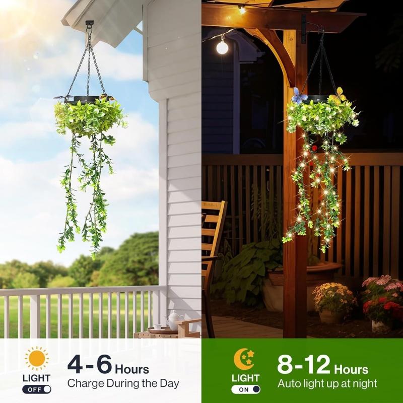 2pcs Solar Hanging Garden Lights, With LED Butterfly Hanging Ivy Vine Fake Leaves Decor IP65 Waterproof for Garden Wedding Decor