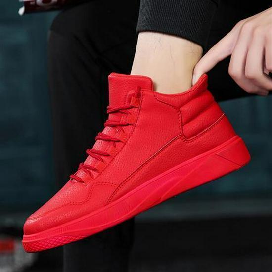 Zapatillas Deportivas de Caña Alta Rojas para Hombre - Estilo Coreano, Otoño/Invierno, con Terciopelo, Calzado Casual de Moda.