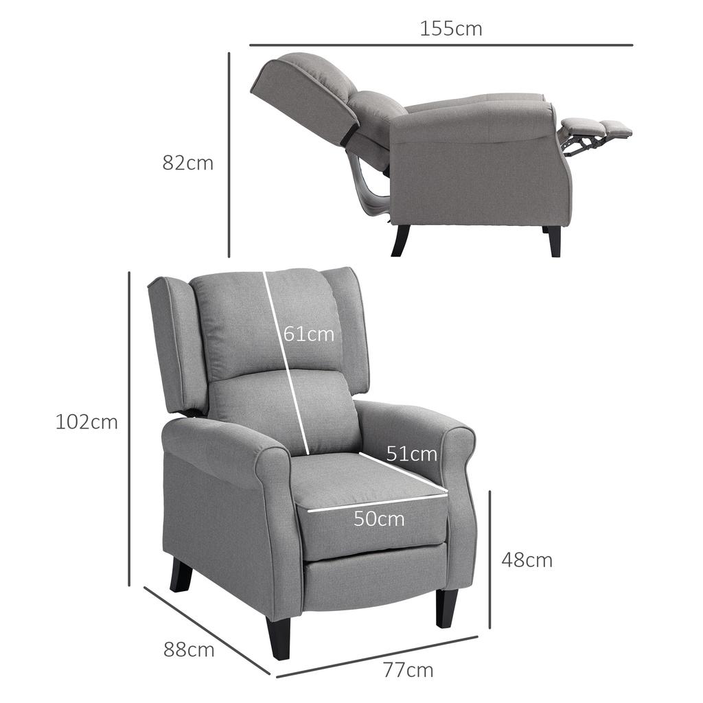 Manual Reclining Relax Armchair Upholstered In Synthetic Linen With Retractable Footrest 150 Kg Load Capacity Gray