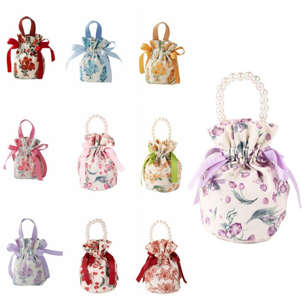 Ribbon Bow Small Flower Wrist Bag Pearl Handle Bowknot Handbag Festive Sugar Bag  Female/Girls