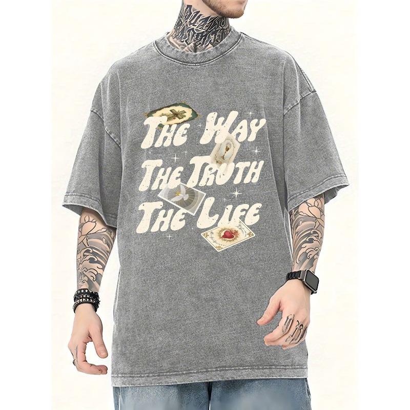

Washed Oversized T-Shirt, Vintage Washed Style with Bold Text Print THE WAY THE TRUTH THE LIFE , Streetwear Alternative Fashion for Men, Breathable 5XL сірий