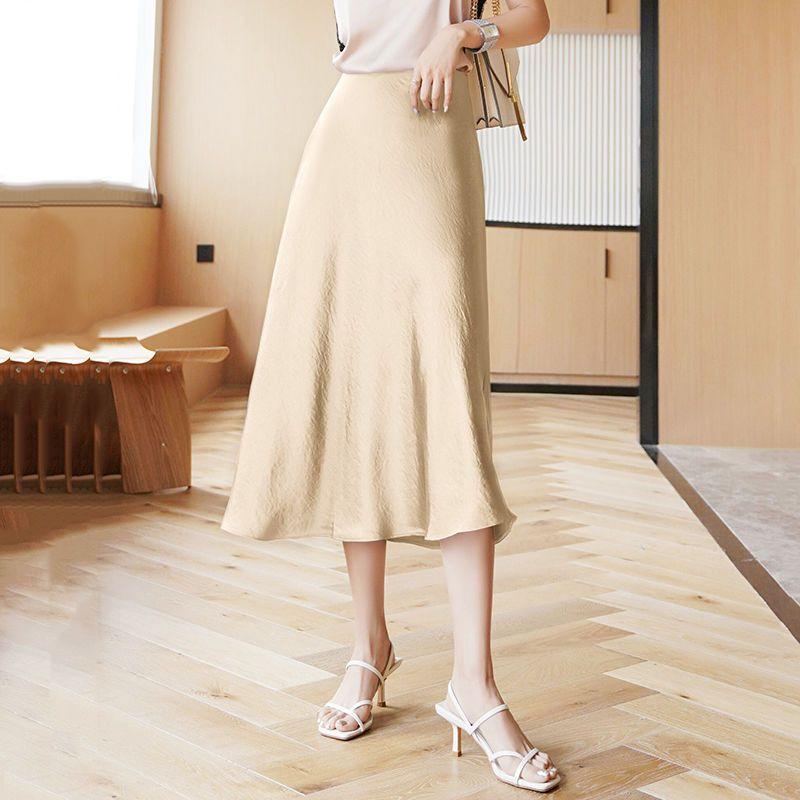 Acetátový satén Dámská jednobarevná sukně Pro každodenní dojíždění úřednice Áčková sukně s vysokým pasem Rybí ocas Zavinovací sukně