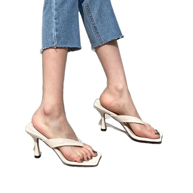 Square head white high-heeled flip-flops women's summer new temperament sexy stiletto toe slippers