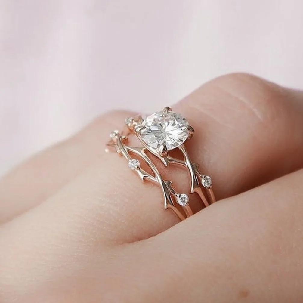 2024 New Niche Branched Zircon Ring Women's Rose Simulation Zircon Wedding Accessories