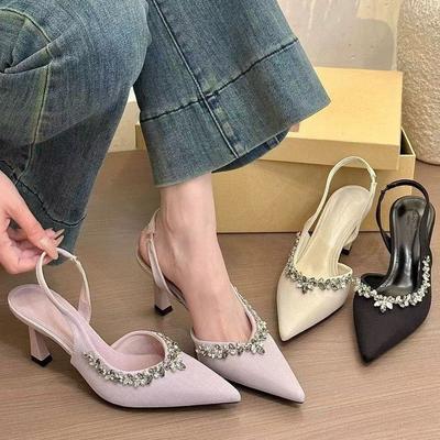 2025 Spring and Autumn New Fashion Versatile High Heels Women's Thin Heels Pointed Baotou Slippers Wear Rhinestones